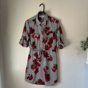 Speed Control Women’s Black White Striped Dress Red Floral Accents Sz S Casual
